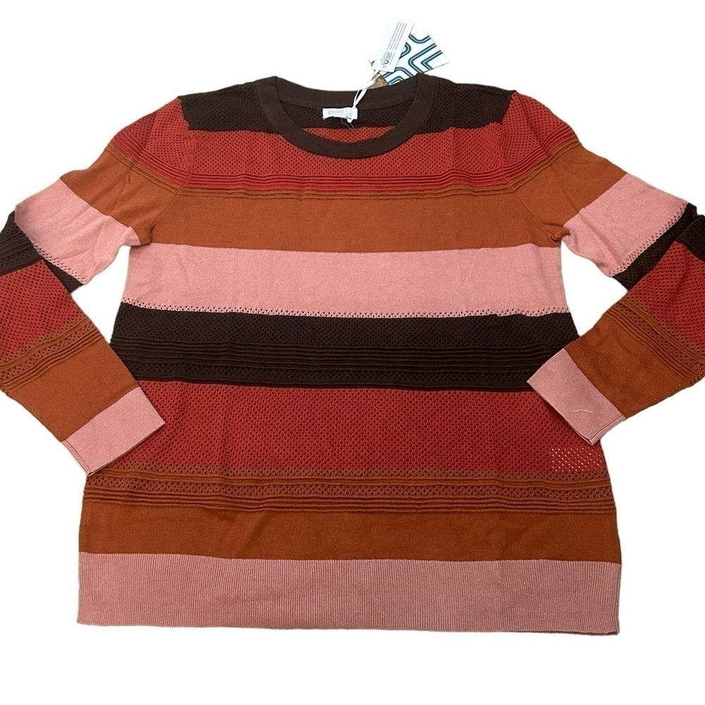 Market & Spruce Copper, Brown, & Mauve Mesh Striped Knit Sweater Sz Large NWT